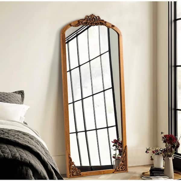 Lirago Rustic Arched 21 in. W x 64 in. H Solid Wood Framed DIY Carved Full Length Mirror