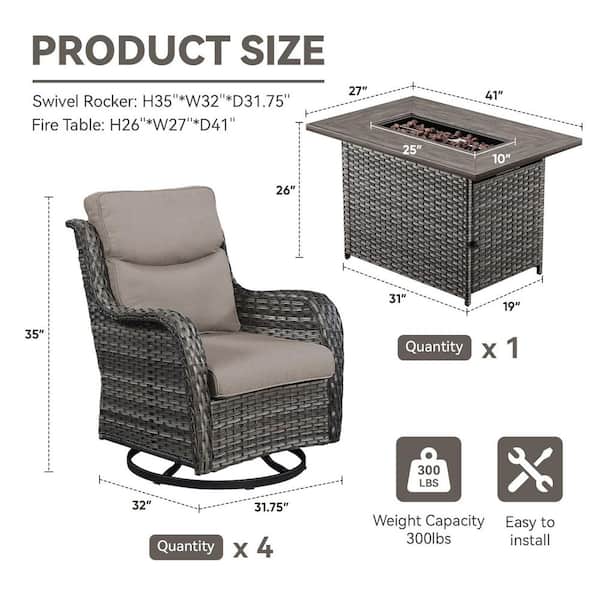Quanxer Gray 5-Piece Wicker Patio Rectangle Fire Pit Conversation Set with Gray Cushions and Swivel Chairs