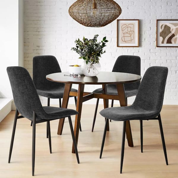 Dark Grey Upholstered Dining Chair with Black Metal Legs (Set of 4)