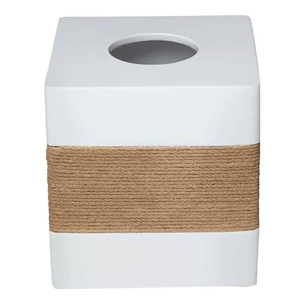 Roselli Trading Company Castaway 6.05 in. Tissue Box Cover in White Resin with Faux Jute Strip