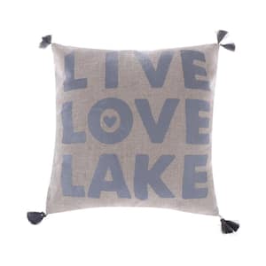 Beige, Blue Live Love Lake Sentiment Print with Corner Tassels 20 in. x 20 in. Throw Pillow