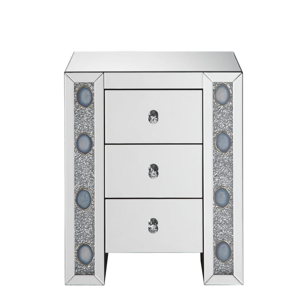 Elegant Mirrored 3-Drawer Nightstand with Faux Agate Inlay