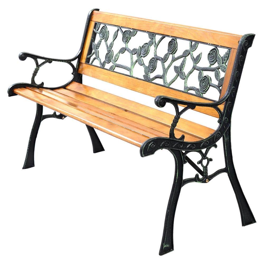 49.5 in. Cast Iron and Kembat Wood 3-Person Outdoor Garden Bench, Black and Natural price history on PriceWatchPro