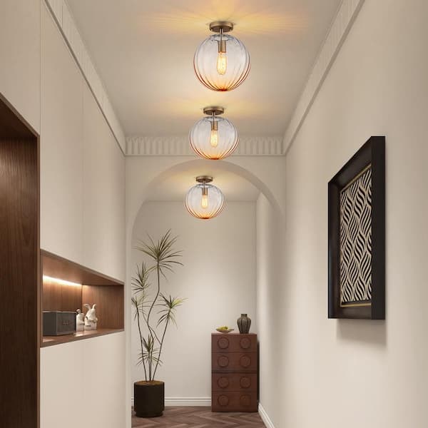 Court 1-Light 11 in. Matte Brass Semi-Flush Mount Globe Ceiling Light with Gradient Amber Glass for Hallways or Foyers