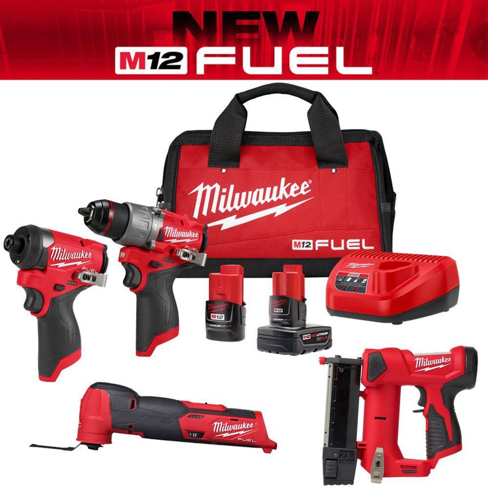 Milwaukee M12 FUEL 12-Volt Cordless Hammer Drill and Impact Driver with M12 23-Gauge Pin Nailer and M12 FUEL Multi-Tool Combo Kit