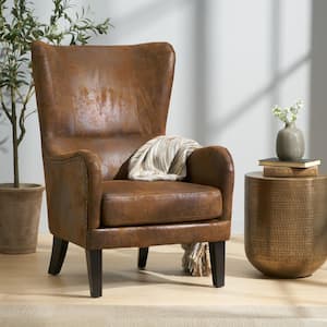 Brown Microfiber High-back Arm Chair with Nailhead Trims and Wingback Design