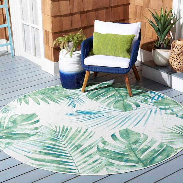 Barbados Green/Teal 5 ft. x 5 ft. Round Geometric Leaf Indoor/Outdoor Area Rug