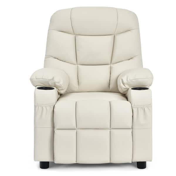 Costway Kids Youth Beige PU Leather Recliner Chair with Cup Holders and Side Pockets