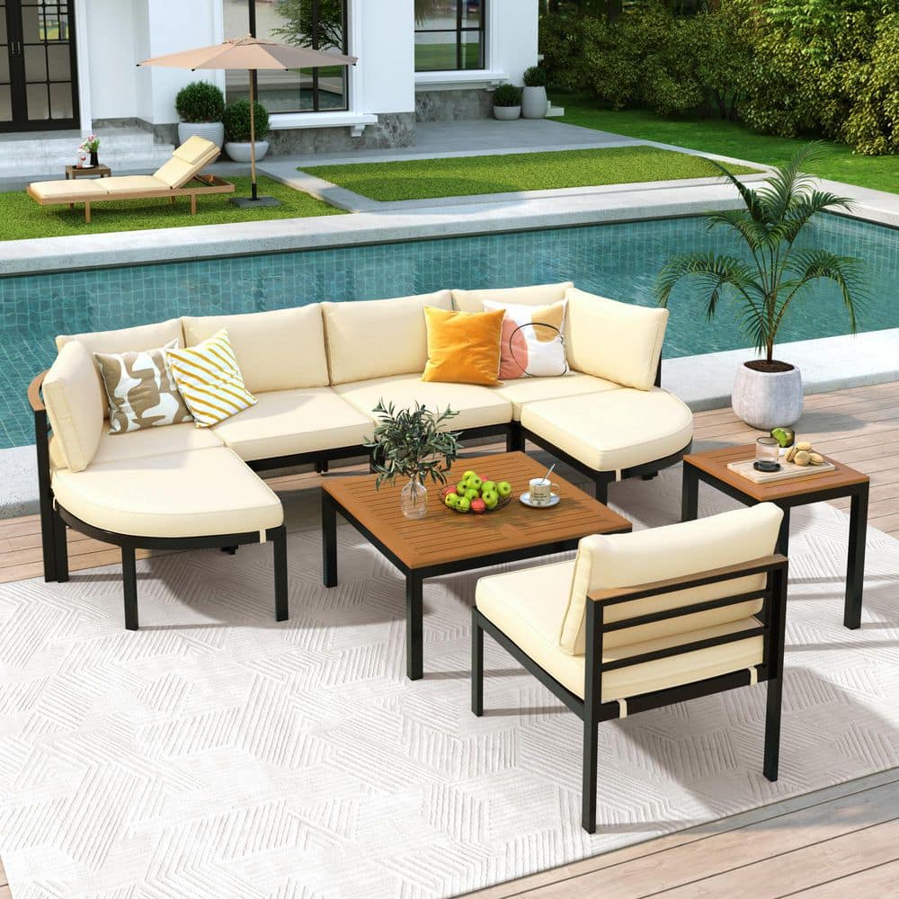 Metal Outdoor Sectional Set with Beige Cushions