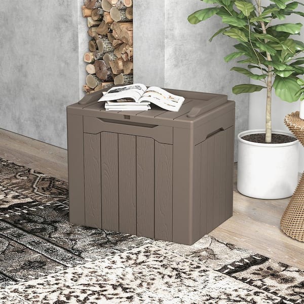 32 Gal. Wood-Grain Deck Box with Seat, Outdoor Lockable Storage Box for  Patio Furniture in Gray