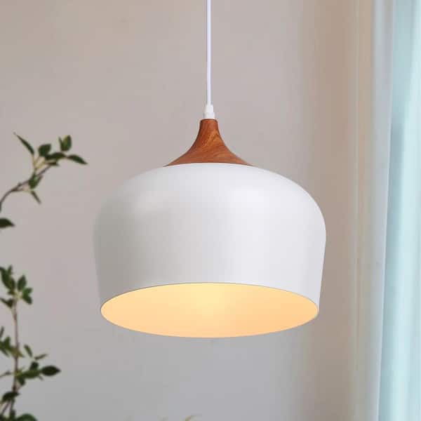 11.8 in. 1-Light Dome Pendant Light with White Metal Shade, Industrial Adjustable Height Wood Chandelier Fixture