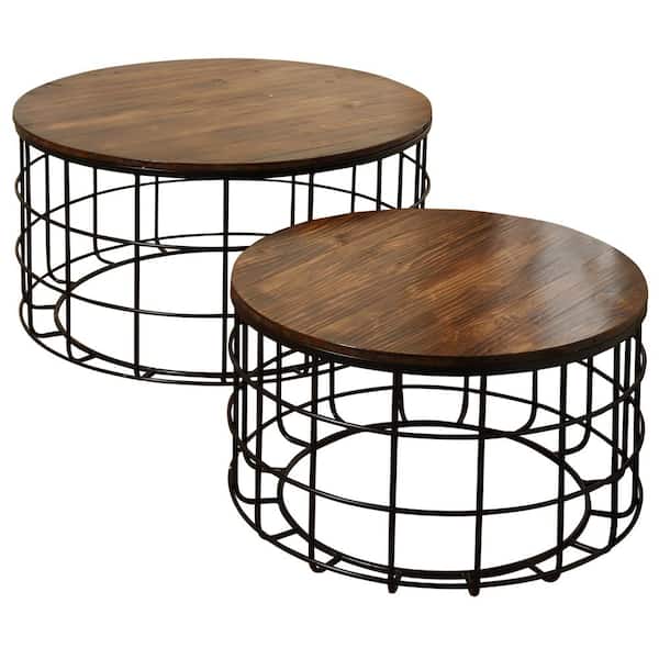 StyleCraft Round Wood Nested Chinese Cherry Wood Top Black Powder Coat Frame Coffee Tables Set (2-Piece)