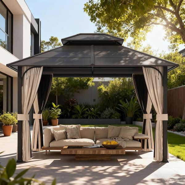 10 ft. x 12 ft. Hardtop Gazebo with Double Roof, Sturdy Steel Frame and Weather-Resistant Curtains