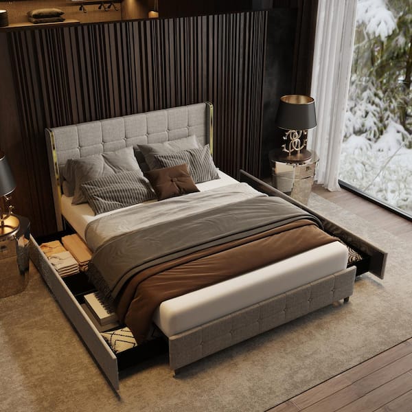 FUFU&GAGA Gray Wood Metal Frame Queen Size Platform Bed WithUpholstered Headboard, Pull-out Drawers, LED Lights, Wheels, Bluetooth