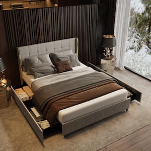 Gray Wood Metal Frame Queen Size Platform Bed WithUpholstered Headboard, Pull-out Drawers, LED Lights, Wheels, Bluetooth