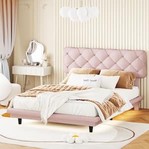 Pink Wood Frame Full Size Linen Upholstered Platform Bed with LED Light Stripe, Stylish Tufted Headboard
