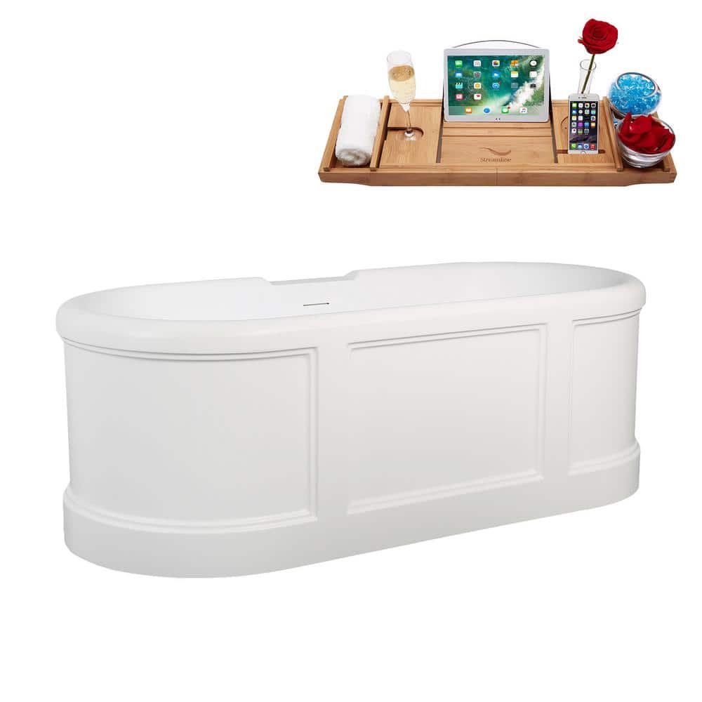 67" Matte White Acrylic Freestanding Soaking Tub with Polished Gold Trim