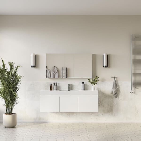 Mezzo 59 in. Vanity in White with Acrylic Vanity Top in White with White Basin and Mirrored Medicine Cabinet