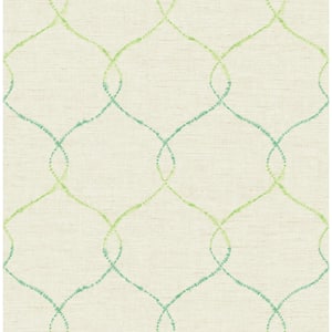Shibori Lattice Ogee Lime Green, Teal, and Metallic Pearl Paper Strippable Roll (Covers 56.05 sq. ft.)
