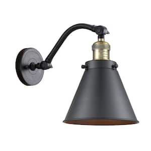 Appalachian 8 in. 1-Light Black Antique Brass Wall Sconce with Matte Black Metal Shade