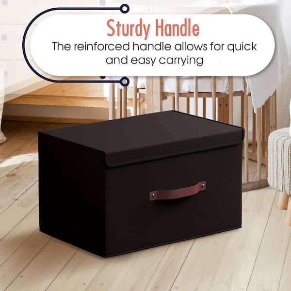 Ornavo Home Foldable Large Storage Cube Bins Linen Fabric Shelf Basket with  Leather Handles and Lid - (Set of 3) 15-10-9-BIN-LID-SB105-BLACK - The Home  Depot
