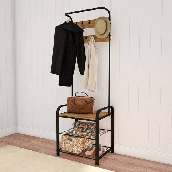 Lavish Home Rustic Brown Woodgrain and Black Farmhouse Style Entryway Hall Tree Coat Rack