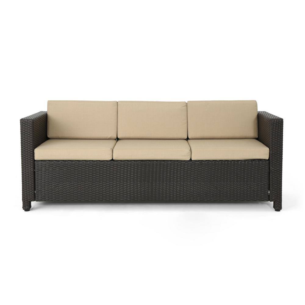 Transitional 3-Seater Dark Brown Wicker Outdoor Sofa with Beige Cushions