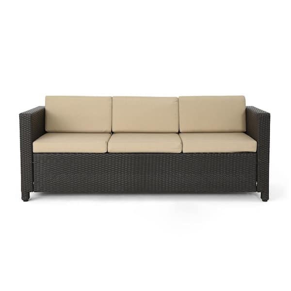 Puerta Dark Brown Wicker Outdoor Patio Sofa with Beige Cushions