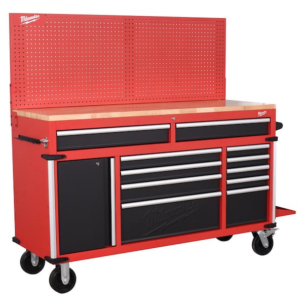 Milwaukee High-Capacity 61 in. W x 22 in. D 11-Drawer Mobile Workbench Cabinet with Solid Wood Top and Pegboard