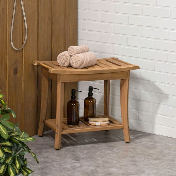 Tucker 22.05 in. Traditional Classic Slatted Solid Acacia Wood Indoor/Outdoor Shower Bench w/ Shelf & Handle, Light Teak