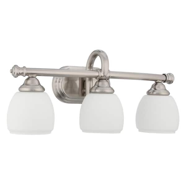 Cedar Cove 3-Light Brushed Nickel Vanity Light with Etched Opal Glass Shades Cedar Cove 3-Light Brushed Nickel Vanity Light with Etched Opal Glass Shades