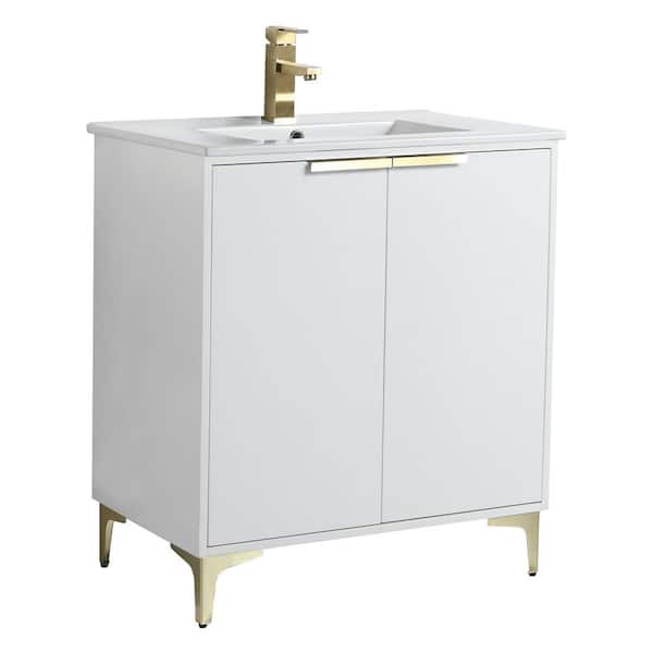 FINE FIXTURES 30 in. W x 18.5 in. D x 35.25 in. H Bath Vanity in White Matte with Satin Brass Hardware and White Ceramic Sink top