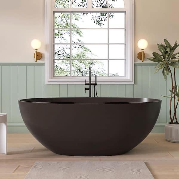Ula 61 in. x 29 in. Freestanding Soaking Bathtub Solid Surface Stone Resin Tub with Center Drain in Brown