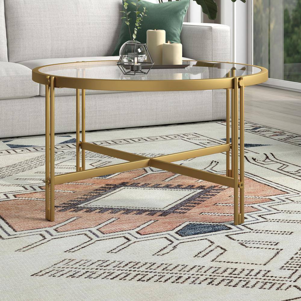 Eloise 32" Brass Round Metal & Glass Coffee Table