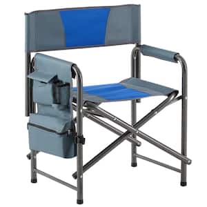 Blue and Gray Oversized Aluminum Folding Outdoor Lawn Chair with Storage Pockets for Camping, Picnics