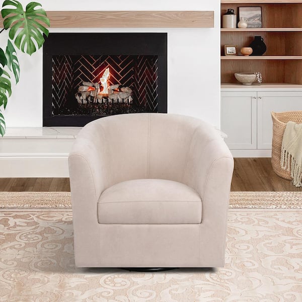 360° Swivel Barrel Chair, Modern Accent Chair with Armrest, Small Club Chair for Living Room-Ivory, Linen