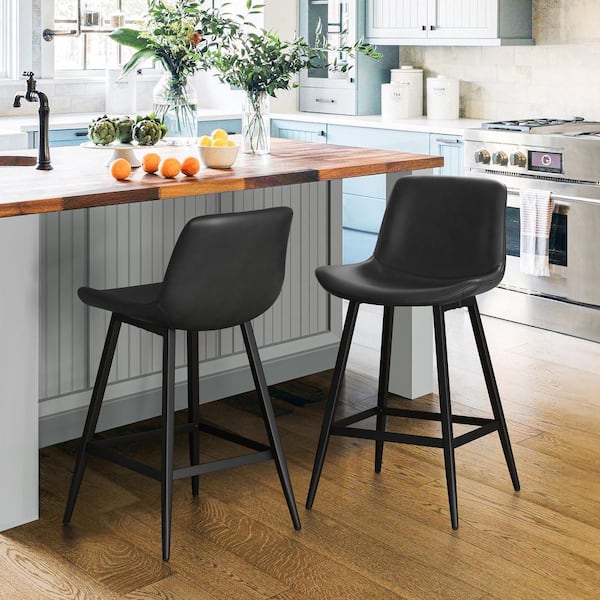 cozyman Abraham 24 in.Black Metal Counter Height Bar Stool Faux Leather Bucket Bar stool with Back Counter Stool Set of 2