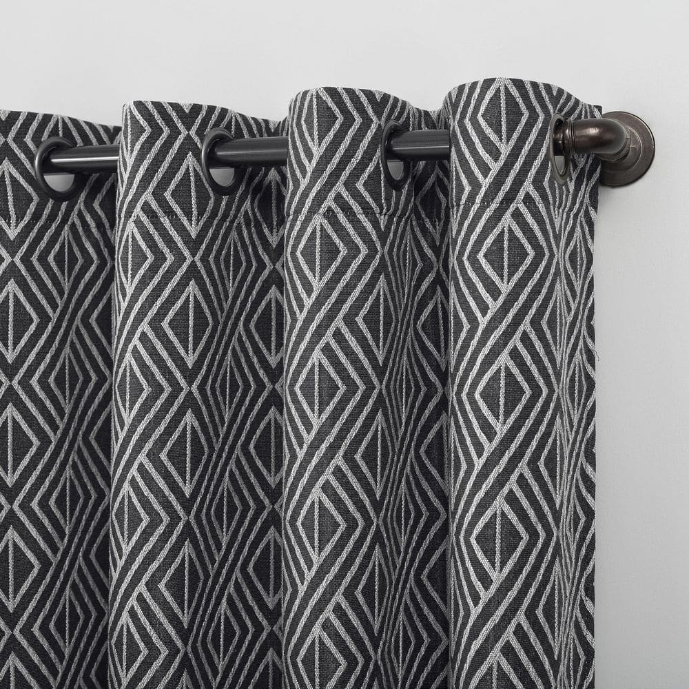Black Geometric Polyester Blackout Grommet Curtain Panel