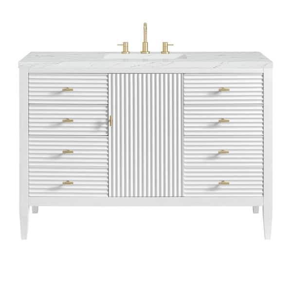 James Martin Vanities Myrrin 48.0 in. W x 23.5 in. D x 34.06 in. H Single Bathroom Vanity Bright White and Ethereal Noctis Quartz Top