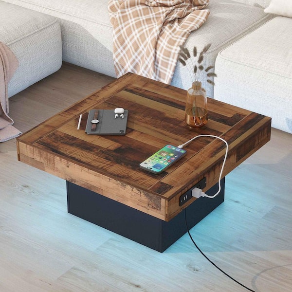 Polibi 31.4 in. Black Square Wood Coffee Table with 2 USB Ports and Outlets, LED Light and Charging Station