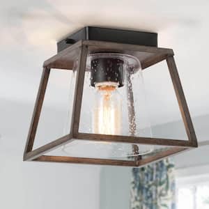Classic Farmhouse Black Geometric Cage Semi-Flush Mount Light with Seeded Glass Shade and Textured Brown Faux Wood Grain