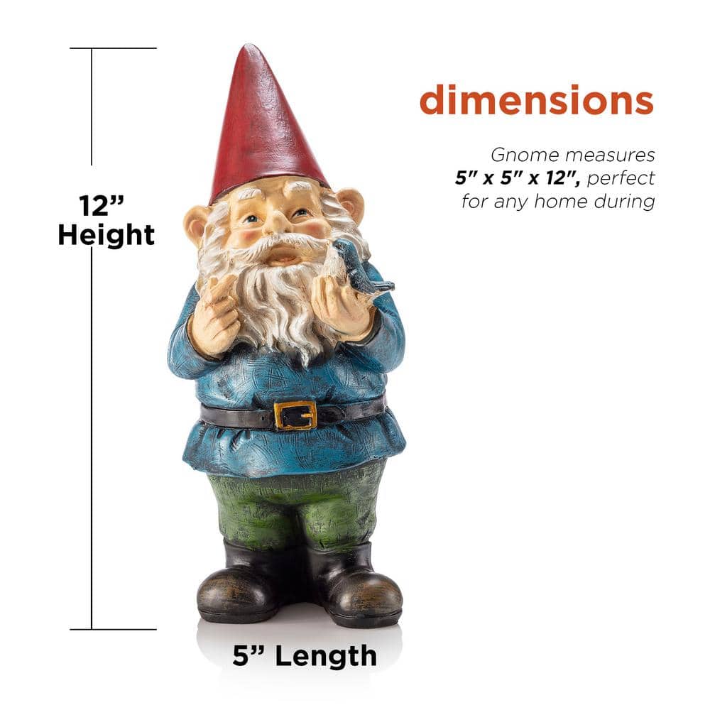12-Inch Multicolor Garden Gnome with Bird Statue
