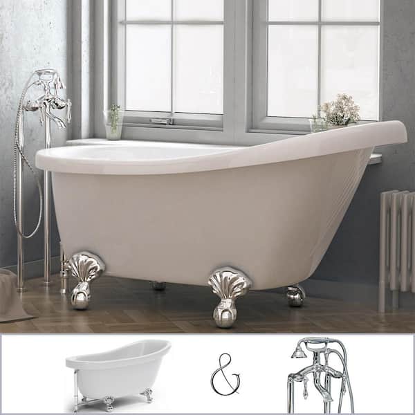 PELHAM & WHITE Brookdale 60 in. Acrylic Slipper Clawfoot Bathtub in White, Ball-and-Claw Feet, Floor-Mount Faucet in Polished Chrome