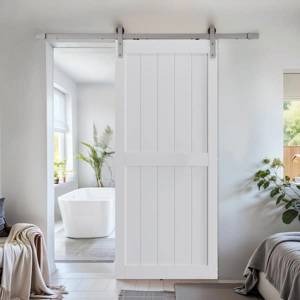 42 in. x 96 in. Paneled H shape White Finished MDF Interior Sliding Barn Door with Brushed Nickel Hardware Kit