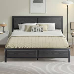 Metal Bed Frame Black Metal Frame Queen Size Platform Bed with Rustic Country Style Wooden Headboard and Footboard