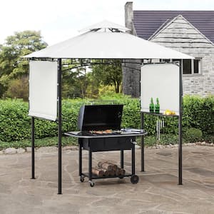13 ft. L x 4.5 ft. White Iron Double Tiered Backyard Patio BBQ Grill Gazebo with Bar CountersandExtendable Shades