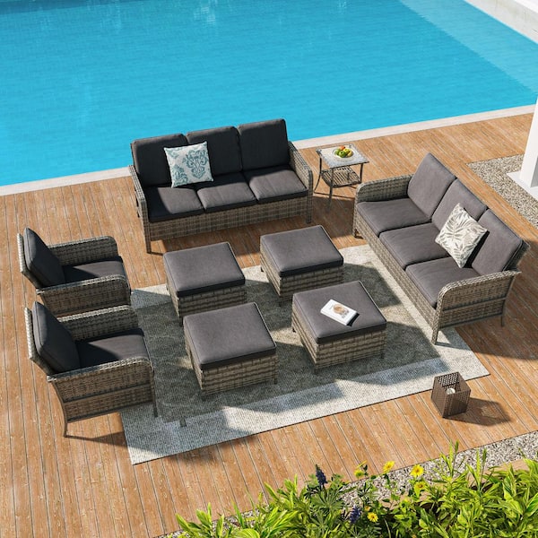 9-Piecess Patio Conversation Set Wide Armrests Patio Sofa with Side Table Set Gray Wicker with Black Cushion
