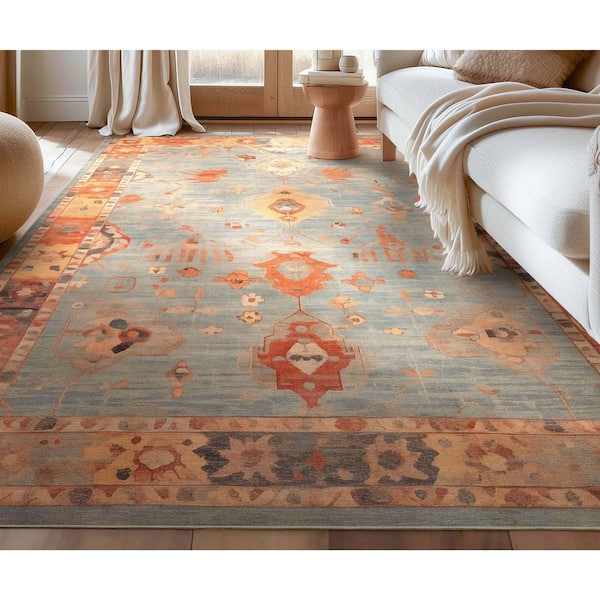 Ushak Marmaris Vintage, Medallion, Pastel, Blue 9 ft. 10 in. x 13 ft. Area Rug