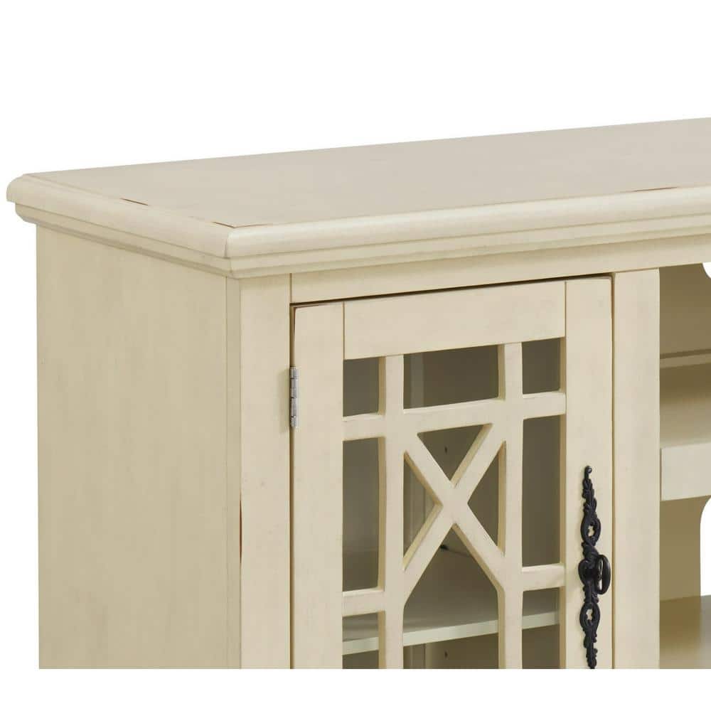 Parisian Antique White 63" Pine & Glass Elegant TV Stand with Cabinet