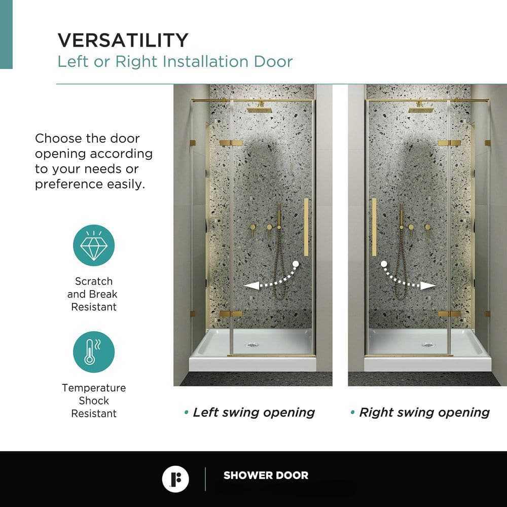 Satin Brass Hinged Frameless Shower Door with Clear Tempered Glass